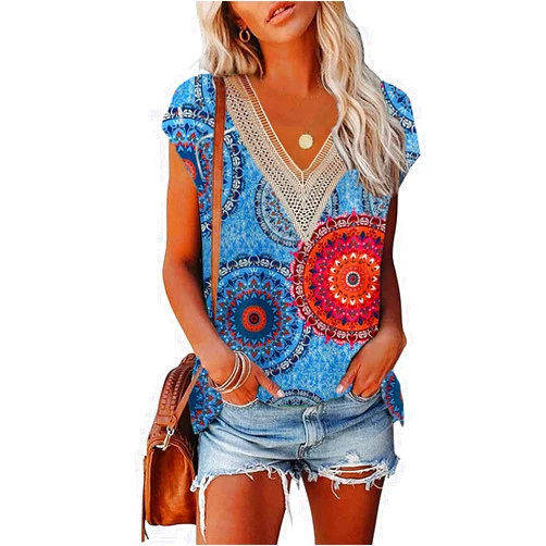 Missshine Womens Cap Sleeve Summer Tops Trendy Tank Tops Lace Floral Print V Neck Loose Fit Shirts