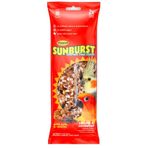 Higgins Sunburst Gourmet Avian Treat Sticks for Conures & Cockatiels. Nuts & Raisins 2pk. 4.9oz