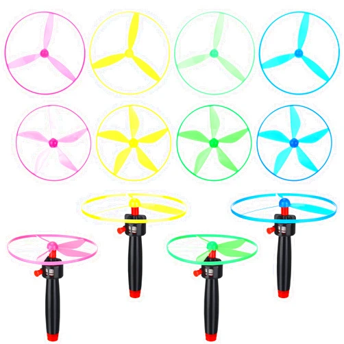 Kymqlyw 12 Pcs Flying Saucer Flying Disc Toy Helicopter Toy Disco Flyers Include 4 String Launchers and 8 Flying Saucer Flying Disc Launcher Flying Toys Little Teens Outdoor Activity Birthday Favors