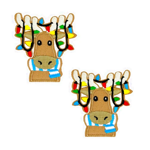 Rockapatch Christmas Moose Lights in Antlers Embroidered iron on Patches, Christmas Pajama DIY