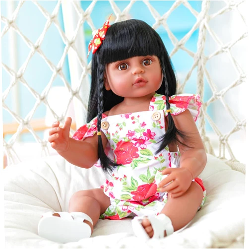 Angelbaby Realistic Black Reborn Baby Dolls Girls African American Newborn Biracial Doll That Looks Real Silicone Full Body Toddler Doll with Black Long Hair for Birthday Gifts