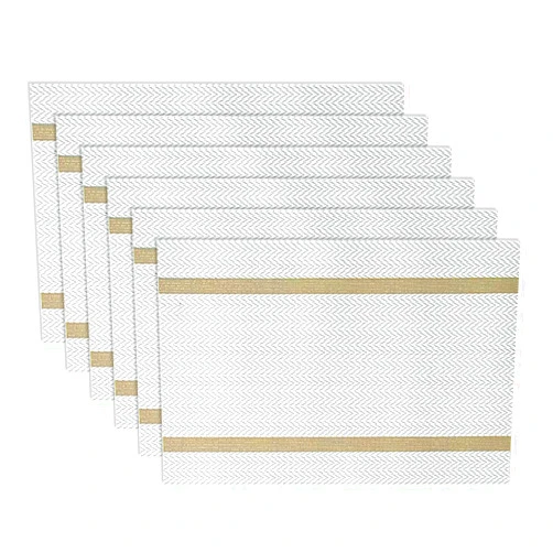 Woteilus Dining Table Mats Set of 6 Washable: Vinyl Placemats White Woven Texture Gold, Wipeable and Heat Resistant Place Mats for Kitchen