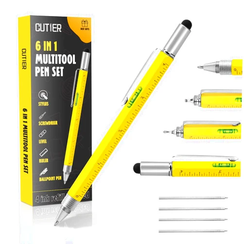Cutier Cool Pen Gifts for Men, 6-in-1 Multi Tool Tech Pen Gadgets Tools for Men, Personalized Gifts for Dad or Him, Funny Gift for Christmas, Father's Day Valentines or Birthdays Gifts (Yellow)