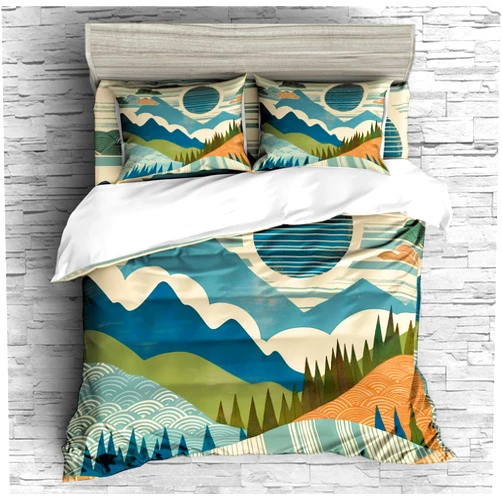 REALIN Mountain Forest Natural Scenery Duvet Cover Set Mountain Sunset Bedding Girl Boy Kids Bed Sets 2/3/4PCS Quilt Covers/Sheets/Pillow Shams,Twin/Full/Queen/King (C,Twin-172x218cm-3PCS)