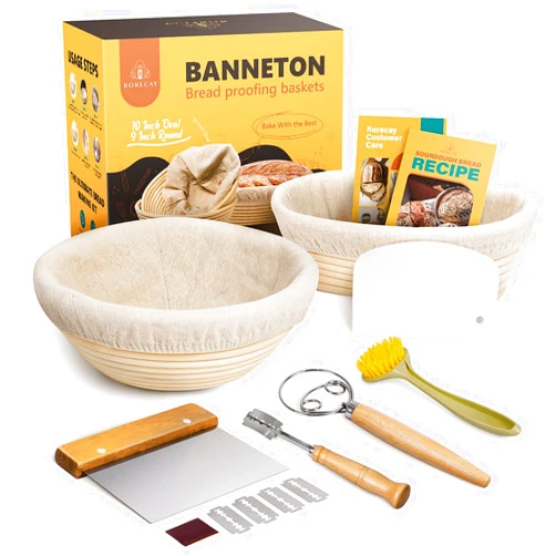 rorecay Banneton Bread Proofing Basket Sourdough Bread Baking Supplies, 9 Inch Round + 10 Inch Oval Proofing Bowls with Dough Whisk Bread Lame Dough Scraper Bread Making Tools and Accessories Set