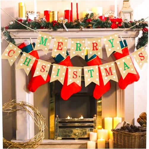 jijAcraft Pre-Assemble Christmas Banner Burlap, Merry Christmas Banner for Home Office Mantel, Happy Holidays Banner for Indoor Outdoor Decor, Christmas Holiday Sign Xmas Party Supplies