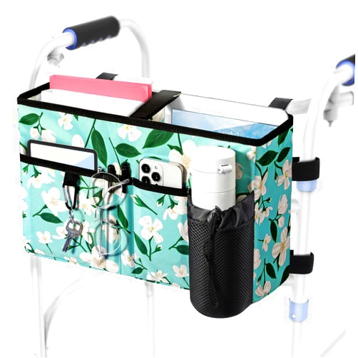 Rhino Valley Walker Bag, Multi Pockets Folding Walker Basket Tote Bag with Cup Holder, Hand-free Carry Pouch Storage Bag for Universal Walkers, Large Capacity Organizer for Seniors Elderly, Flower