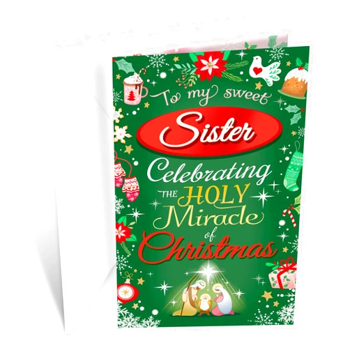 Prime Greetings Religious Sister Christmas Card, Made in America, Eco-Friendly, Thick Card Stock with Premium Envelope 5in x 7.75in, Packaged in Protective Mailer