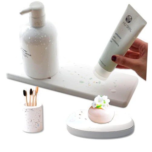 Quinn Essentials White Bathroom Accessories Set of 3 - Modern Bathroom Accessories with Tray, Soap Dish, Toothbrush Holder - Stone Bathroom Accessories Made of Diatomaceous Earth for Bathroom Sink, Kitchen Countertop