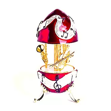 Keren Kopal Red Musical Carousel with Music Instruments Wind up Music Box with Spinning Violin Saxophone Trumpet Faberge Style Unique Handmade Gift Idea