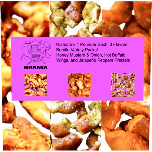 Niamara's Ultimate Pretzel Pieces Variety 4 Pack - 2 Honey Mustard & Onion, 1 Hot Buffalo, 1 Jalapeño Peppers - 4 lbs Total, Crunchy Snack Bites
