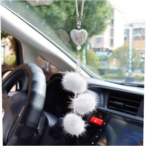 YIDEXIN Bling Car Accessories for Women £¦ Men Bling White Heart and Pink Fuzzy Drops Bling Rinestones Diamond Car Accessories Crystal Car Rear View Mirror Charms,Lucky Hanging Accessories (Gray)
