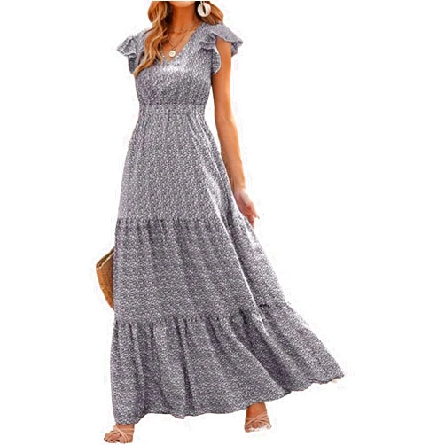 Generic Women's Summer V-Neck High Waist Printed Dress Stitching Floral Dresses Maxi Boho Long Dress Cute Flowy Dress