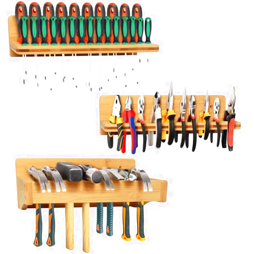 Wokyy Screwdriver Rack Wall Mount, Wood Pliers Holder, Hammer Rack, Wooden Tool Storage Organizer for Garage Workshop - 3 Pack