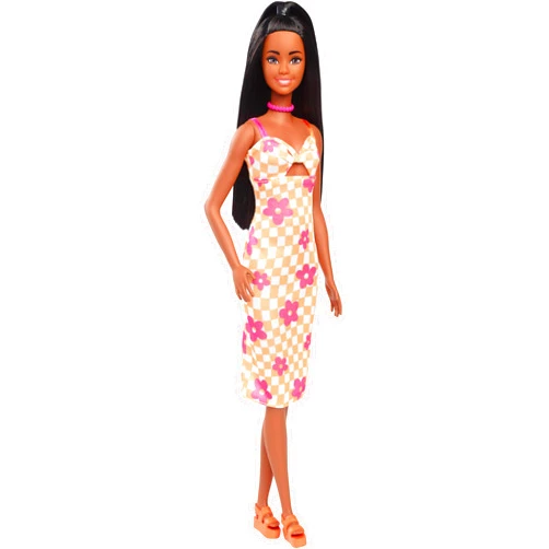 Barbie Fashionistas Doll #233 with Black Hair, Wearing Checkered Orange and Pink Flower Midi Dress with Necklace and Sandals