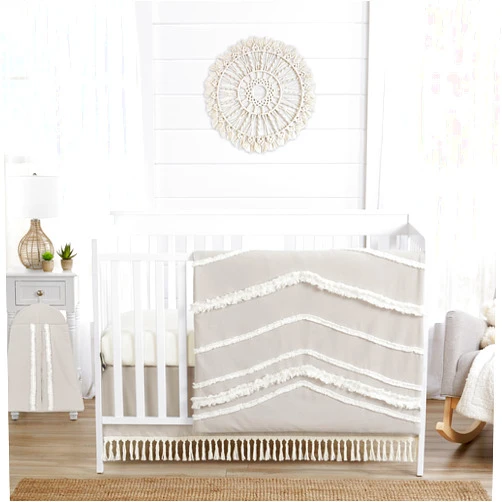 Sweet Jojo Designs 4-Piece Baby Crib Bedding Set (Boho Chic) for Boys or Girls, Infants/Nursery incl. Blanket, Fitted Sheet, Skirt, Diaper Stacker (Linen, Beige, Neutral, Modern Farmhouse, Shabby)