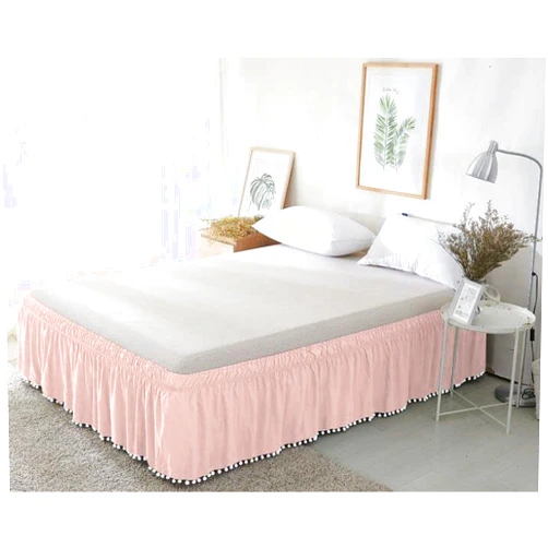 Silver Cotton Pom Pom Tassle Platform Wrap Around Bed Skirt 100% Egyptian Cotton, 1000 Thread Count Easy Fit with 14