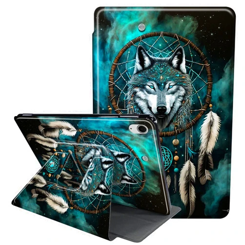 RAUEDWDJS Case for iPad Air 11-inch M2 2024,iPad Air 5th/4th Generation 10.9 Inch 2022/2020-360 Degree Rotating Multi-Angle Viewing Protective Cover with Auto Sleep/Wake-Dream Catcher Wolf