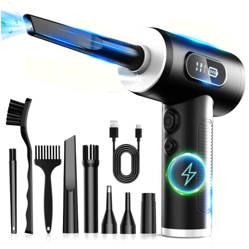 FRESMOL Compressed Air Duster-3 Gear Adjustable 100000RPM Electric Air Duster with LED Light, Rechargeable Cordless Air Blower for Keyboard Electric Devices Cleaning. Replaces Compressed Air Cans (Black)