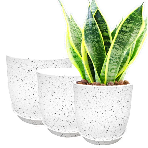 DUCINO Set of 3 Flower Pots with Multi Mesh Drainage Holes, Removable Saucer, Speckled White