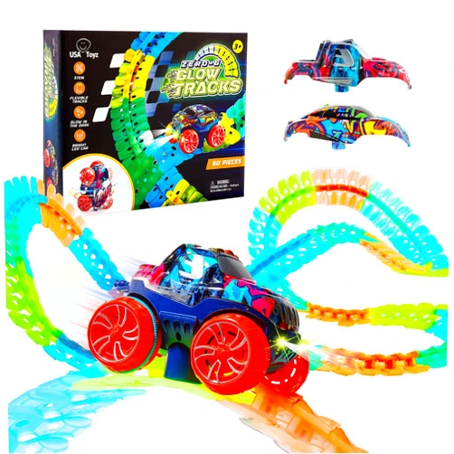 USA Toyz Zero-G Glow Race Track for Kids- 60pcs Glow in The Dark Flexible Race Track Set with Suction Cups, Slot Car, 2 Graffiti Toy Cars Shells, STEM Toy LED Car Tracks for Boys and Girls Age 3+