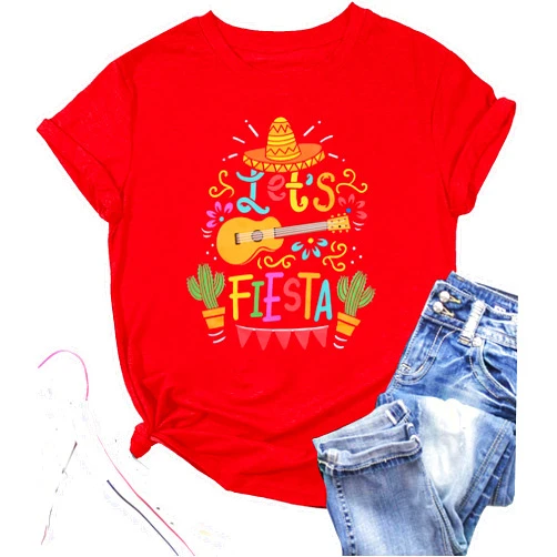 VILOVE Cinco De Mayo Shirt Women Let's Fiesta Shirt Mexican Party T-Shirt Guitar Graphic Tee Funny Letter Print Tops