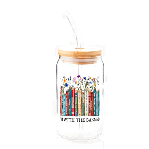 HONOCOOLS I'm With The Banned Glass Can 16oz - Book Lovers Gifts - Book Club Gifts - Birthday Gifts for Best Friend/Bestie/Sister/Teacher - Glass Coffee Cups with Lids and Straw(Book Lover 2)