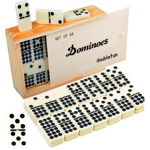 Doublefan Domino Set for Adults, Double Nine Dominoes Set with Wooden Case for Classical Board Games, for Family and Kids,55 Tiles (2-4 Players)