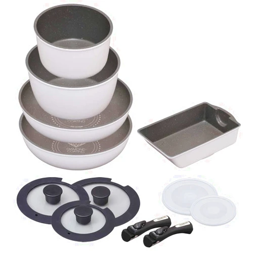 Iris Ohyama ISN-SE12 Frying Pan and Pot Set, 12-Piece Set, Gas Stove, Induction Compatible, Lightweight, Easy Care, Removable Handle, Diamond Coat, Diamond Coated Pan, White/Marble