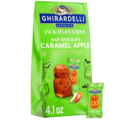 GHIRARDELLI Milk Chocolate Caramel Apple Jack O’ Lanterns, 4.1 oz Bag – Halloween Candy Filled with Tart Apple Caramel for Gifting & Snacking