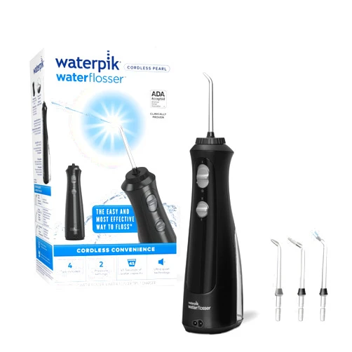 Waterpik Cordless Pearl Rechargeable Portable Water Flosser for Teeth, Gums, Braces Care and Travel with 4 Flossing Tips - ADA Accepted, WF-13 Black, Packaging May Vary