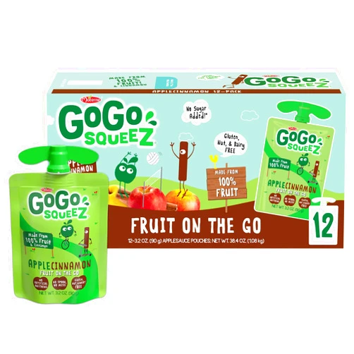 GoGo squeeZ Fruit on the Go, Apple Cinnamon, 3.2 oz (Pack of 12), Unsweetened Fruit Snacks for Kids, Gluten Free, Nut Free and Dairy Free, Recloseable Cap, BPA Free Pouches