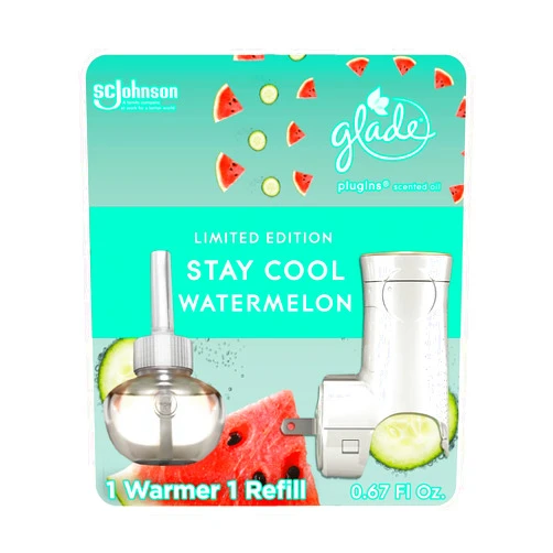 Glade PlugIns Refills Air Freshener Starter Kit, Scented and Essential Oils for Home and Bathroom, Stay Cool Watermelon, 0.67 Fl Oz, 1 Warmer + 1 Refill