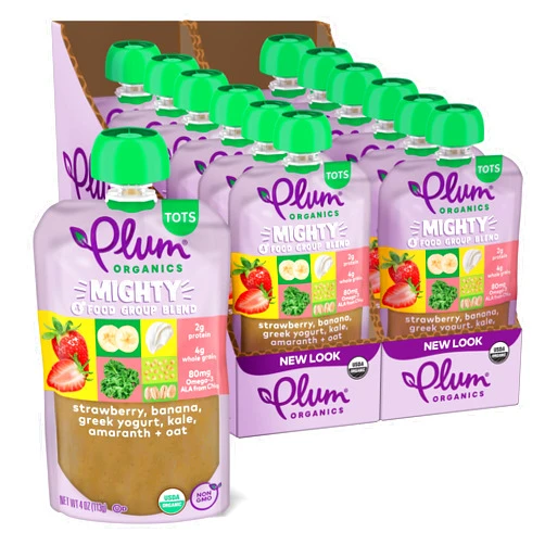 Plum Organics Mighty 4 Organic Toddler Food - Strawberry, Banana, Greek Yogurt, Kale, Amaranth, and Oat - 4 oz Pouch (Pack of 12) - Organic Fruit and Vegetable Toddler Food Pouch