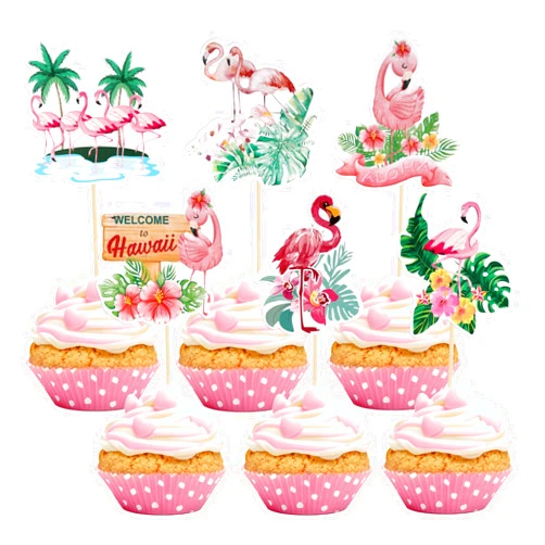 Gyufise 36Pcs Flamingo Cupcake Toppers Cocktail Tropical Aloha Luau Cupcake Picks Flamingo Summer Hawaiian Beach Cupcake Decorations for Baby Shower Birthday Wedding Party Supplies Pink