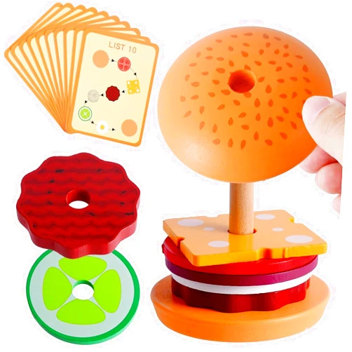 Jaxbo Montessori Toys Wooden Hamburger Stacking Toys for 3 4 5 Year Old Kids, Preschool Educational and Learning Toys with 10 Order Cards Develop Fine Motor Skills