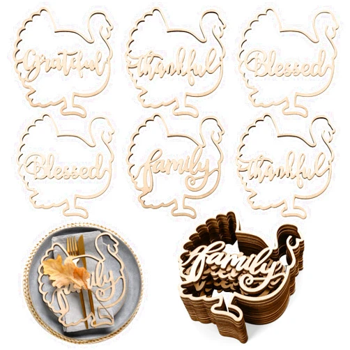 Whaline 12Pcs Fall Thanksgiving Wooden Plate Decor Turkey Shape Wood Cutout Card Signs Thankful Blessed Table Plate Ornaments for Autumn Farmhouse Dining Table Setting Thanksgiving Party Supplies
