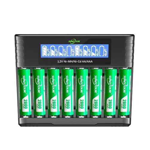 SUNLYTOUR 2800mAh Ni-MH AA Battery with Charger,SUNLYTOUR 8 pcs 2800mAh AA Ni-MH Batteries with 8 Slots Battery Charger,Recharge up to 1200 Cycles