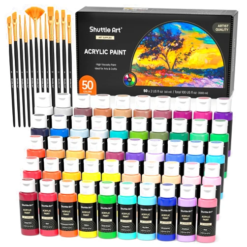 Shuttle Art Acrylic Paint, 50 Colors Acrylic Paint Set, 2oz/60ml Bottles, Rich Pigments, Water Proof, Premium Acrylic Paints for Artists, Beginners and Kids on Canvas Rocks Wood Ceramic Fabric