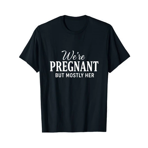Funny Pregnancy Announcement & Expectant Dad Gear We’re Pregnant But Mostly Her Retro Baby Announcement T-Shirt