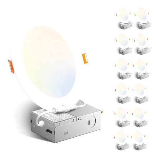 Amico 12 Pack 6 Inch 5CCT Ultra-Thin LED Recessed Ceiling Light with Junction Box, 2700K/3000K/3500K/4000K/5000K Selectable, 1050 Lumens, Dimmable Canless Wafer Downlight, 12W Eqv 110W-ETL&FCC