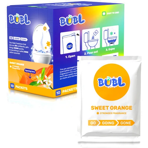 BUBL 10 Toilet Sanitary Powder Packs: Eliminate Embarrassing Splashes, Plops, Bloops, Unpleasant Odors, Dirt in Restroom, Quiet Poo Poop Noises, Won’t Clog Commode, Safe to Use Foam