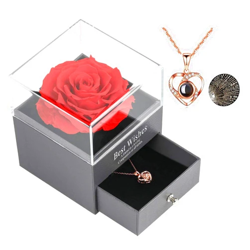 Skalago Preserved Real Rose with Heart Necklace I Love You in 100 Languages Gift Set, Handmade Enchanted Real Rose Flower for Valentine’s Day Anniversary Birthday Romantic Gifts for her (Red)