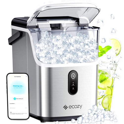 ecozy Smart Nugget Ice Maker Countertop, Pebble Ice Maker with 35lbs/24H Soft Chewable Ice, Self-Cleaning Ice Machine with Voice Control for Home Kitchen Party Bar Office, Stainless Steel