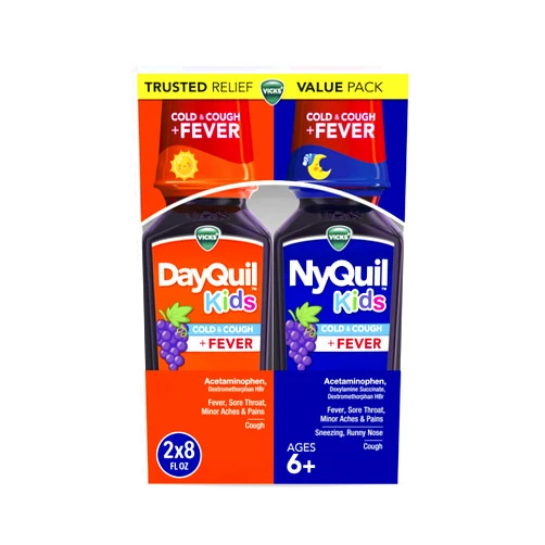 VICKS DayQuil and NyQuil Kids Grape Cold & Cough + Fever Multi-Symptom Relief Liquid Co-Pack, Specially Formulated for Kids Ages 6+, 2x8 OZ