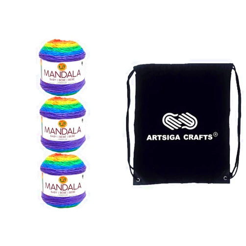 Lion Brand Yarn Lion Brand Mandala Baby Rainbow Falls 526-201 (3-Skeins - Same Dye Lot) DK Light Worsted #3 Acrylic Yarn for Crocheting and Knitting with Project Bag