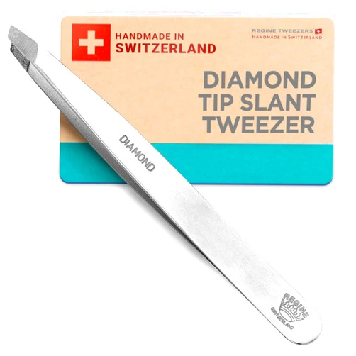 Regine Switzerland Professional Tweezers Diamond Slant Tip - Diamond Tip Tweezers for Men & Women - High Precision Tweezers for Face, Eyebrow, Hair & Grooming - Stainless Steel Handmade Beauty Tool
