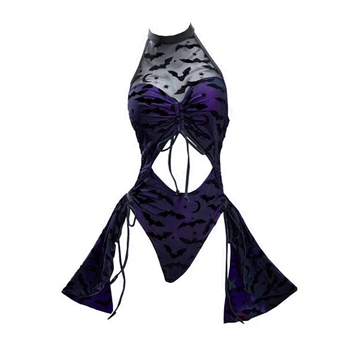 MEOWCOS.COM MEOWCOS Women One Piece Swimsuits Gothic Halter Bathing Suit Retro Style Cut Out Swimsuit