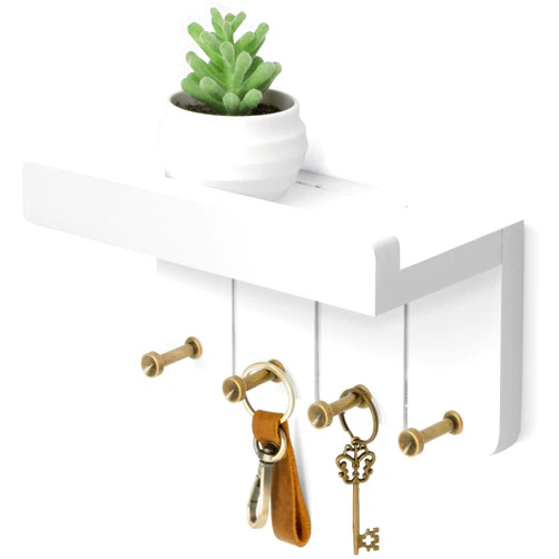 Rebee Vision Small Key Holder Wall Mount - Aesthetic Room Decor with 4 Study Hooks and Mini Floating Shelf - Ideal Apartment Essentials for Farmhouse Living Room and Home Decor (Modern White)