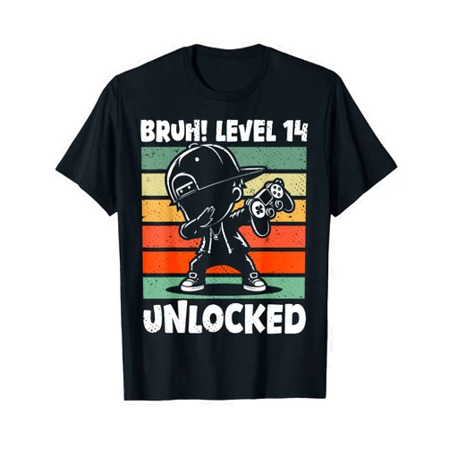 Viedo Gamer Birthday Boy Dabbing Outfit Gifts Bruh Level 14 Unlocked 14 Year Old 14th Birthday Dabbing Boy T-Shirt
